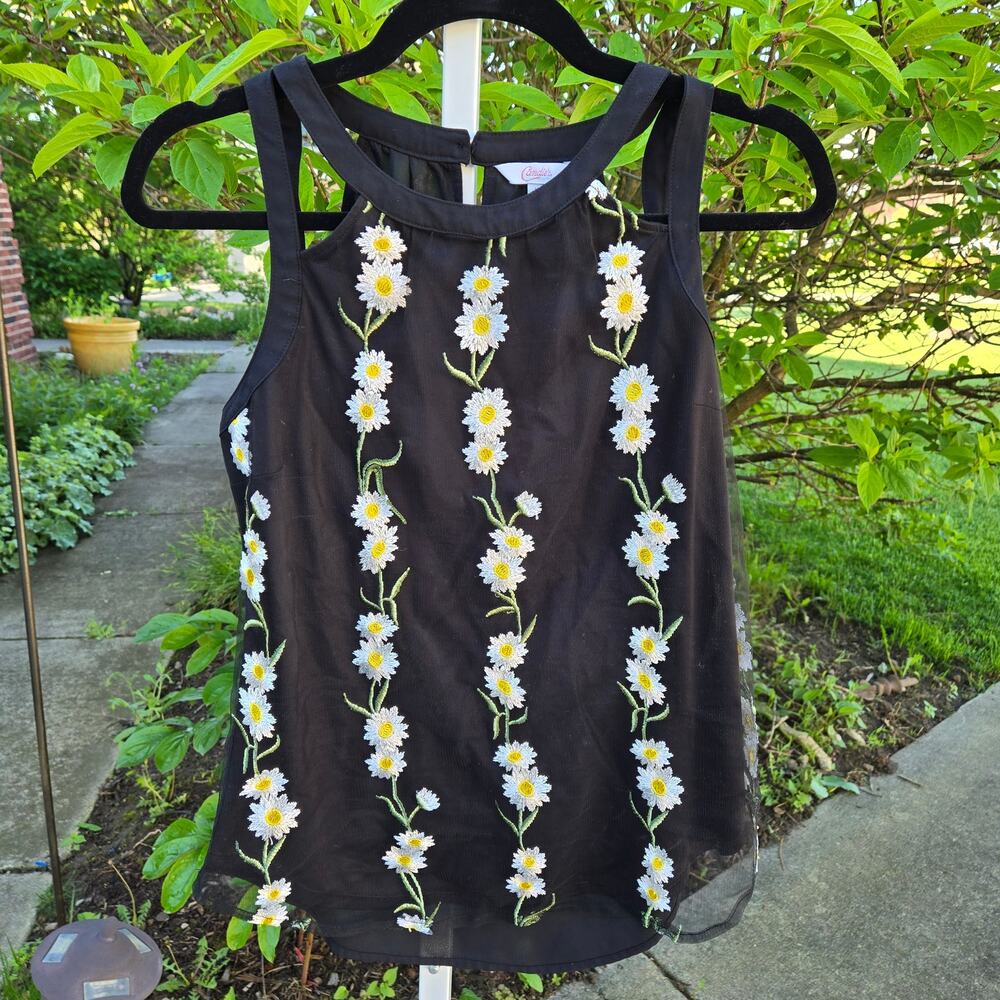 Y2K Candies Sheer Lined Embroidered Daisy Mesh Strappy Black Tank Top sz Medium